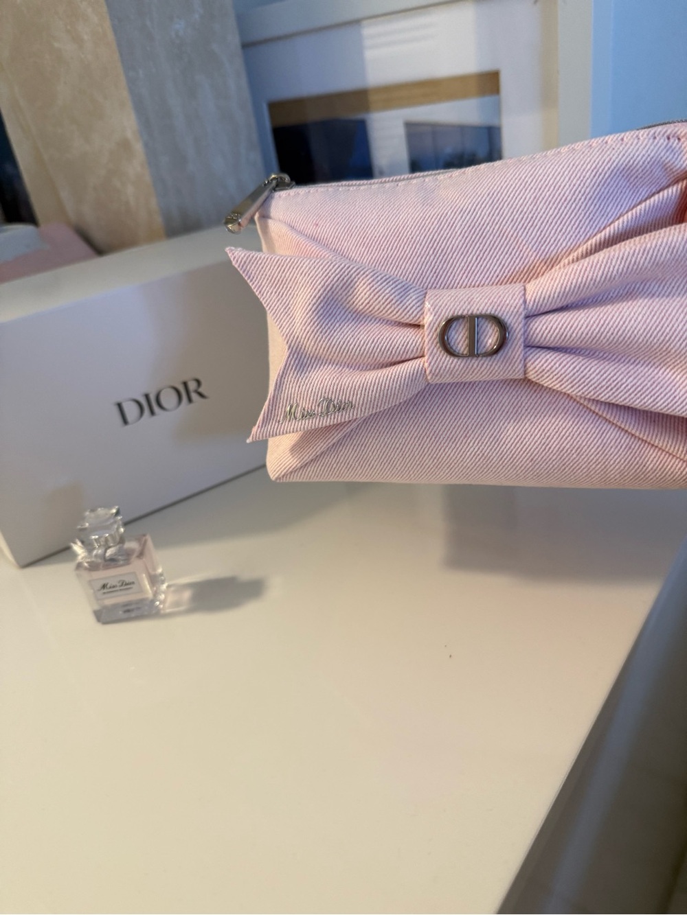 Dior Light Pink Bow Zip Cosmetic Pouch
